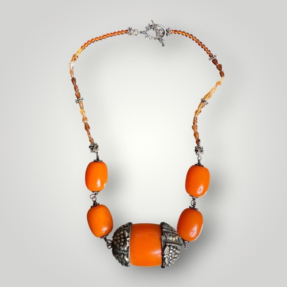 Chunky Orange Beaded Necklace  19 inch Vintage Style Resin Statement Jewelry